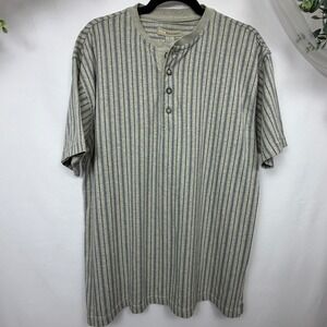 Basic Equipment Mens Large Henley Shirt Short Sleeve Grey Blue Striped Cotton L